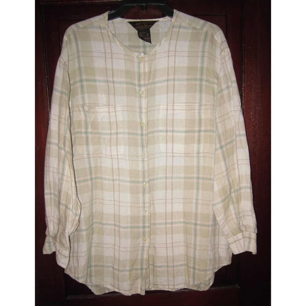 Eddie Bauer VTG Sz S M L Button Big Shirt Tunic Top Blouse Oversized Plaid Linen